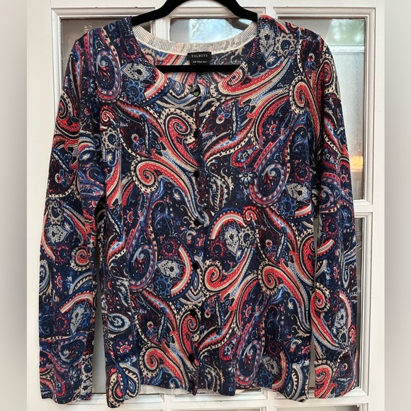Talbots 100% Pure Merino Wool Paisley Button Down Cardigan Sweater Size Large L - Picture 1 of 10